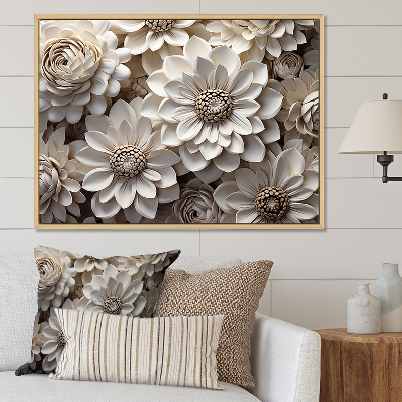 Représentation transparente de zinnias blancs sur toile, Cadre naturel flottant, H 12 po x l 20 po x P 1 po