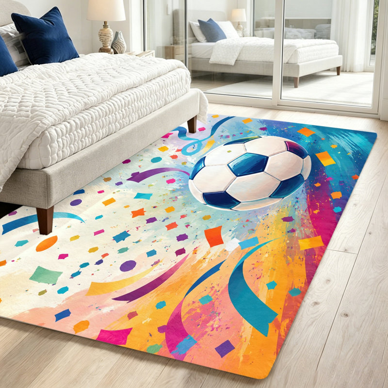 Vibrant Football Confetti Area Rug, Playful Indoor Floor Mat for Living Room, Bedroom, Sports Fan Decor, Unique Home, Gift, World Cup Soccer Decor