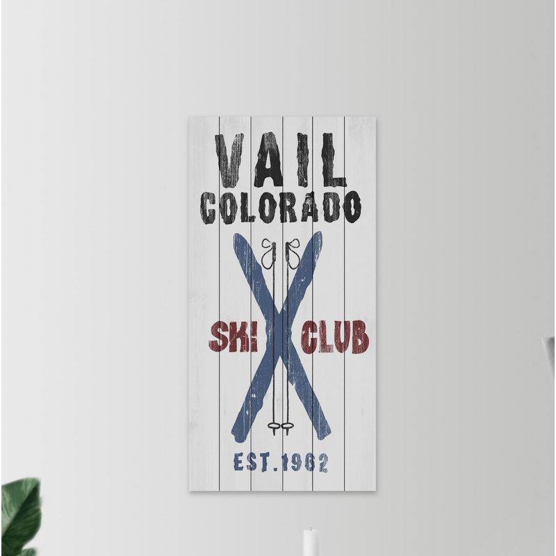 Reproduction d’art textuel sur bois, "vail ski club", H 36 po x l 18 po