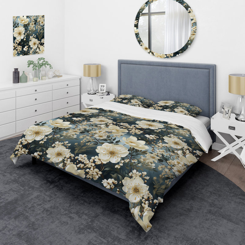 Cream Delicate Lace Flower Botanics Floral Duvet Cover, King Duvet Cover + 2 King Shams