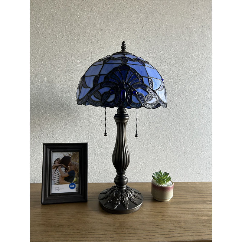 Bernhart Tiffany Table Lamp Blue Stained Glass Baroque Style Lavender LED Bulbs Included H22"