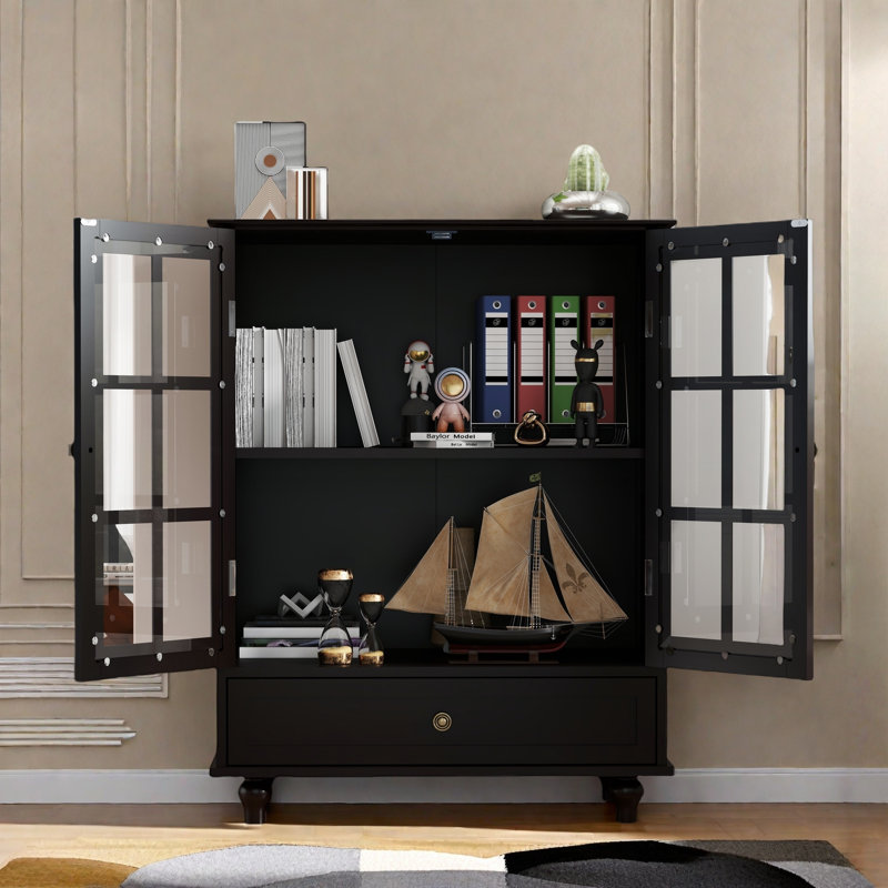 Sideboard With Double Glass Doors And Drawer, Black