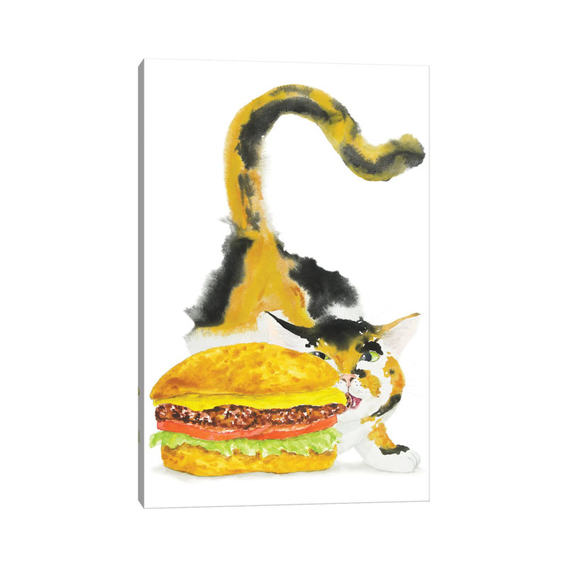 Calico Cat And Burger by Alexey Dmitrievich Shmyrov - Wrapped Canvas Print, 101.6 cm H x 66.04 cm W x 3.175 cm D