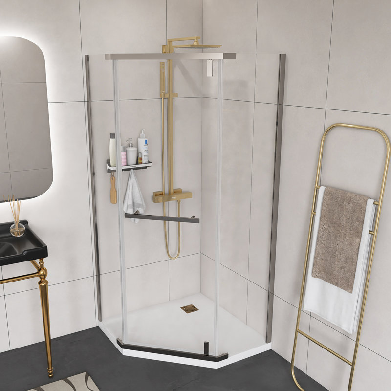 Chrome Finish 34.75 In. X 72 In.Frameless Neo-Angle Pivot Shower Door,With 1/4 Inch Thick Tempered Glass, Chrome