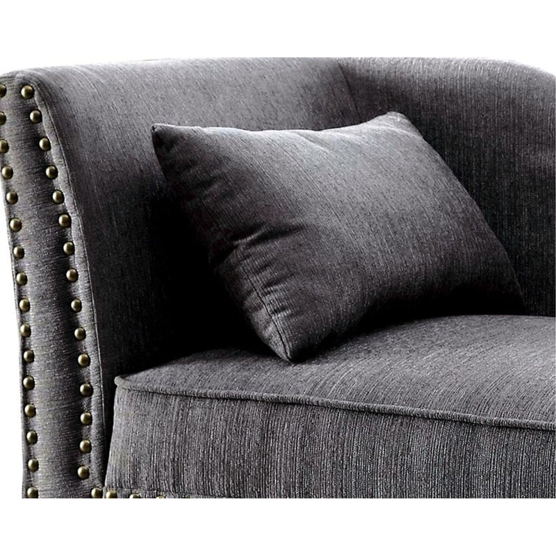 Méridienne de style transitionnel en mélange de lin gris 1pc avec détails cloutés, oreiller et finition cerisier foncé, l 61 po x P 25 po x H 31 1/2 po, oreiller moderne de style contemporain pour le salon, style, structure