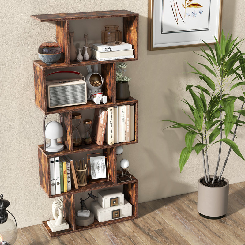 Bibliothèque géométrique à 5 niveaux H 62,5 po x l 27,5 po, H 62,5 po x l 27,5 po x P 9,5 po, Brun rustique