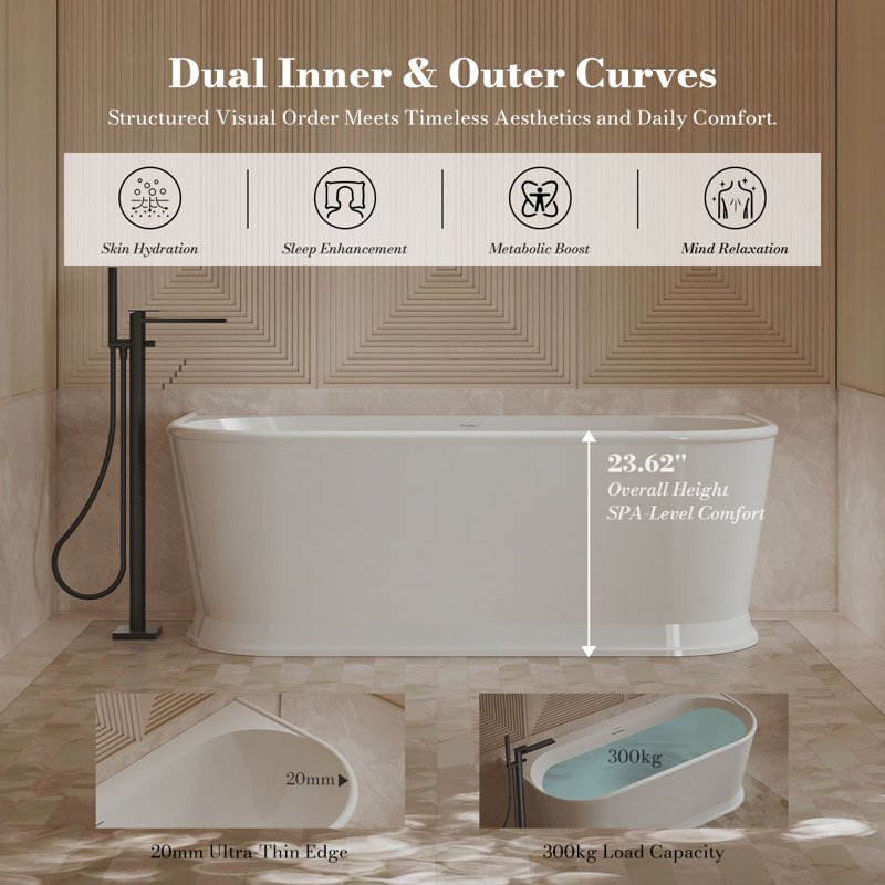 Baignoire de trempage autoportante en acrylique blanche 67 "x 31" avec trop-plein et bonde escamotable pour salle de bain MonBlari