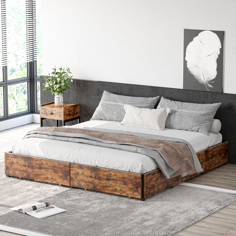 Grand lit plateforme avec rangement et pied de lit et 4 tiroirs sous le lit, brun, Grand, Brun