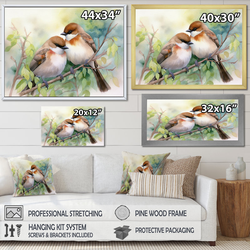 Birds of Spring III, reproduction d'art sur toile, H 34 po x l 44 po x P 1,5 po, Cadre flottant doré