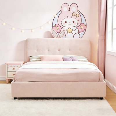 Lit tapissier avec tête de lit surdimensionnée en forme de lapin, lumière DEL et 4 tiroirs de rangement, cadre de lit plateforme en tissu Boucle, aucun sommier tapissier requis, conception silencieuse pour la chambre à coucher