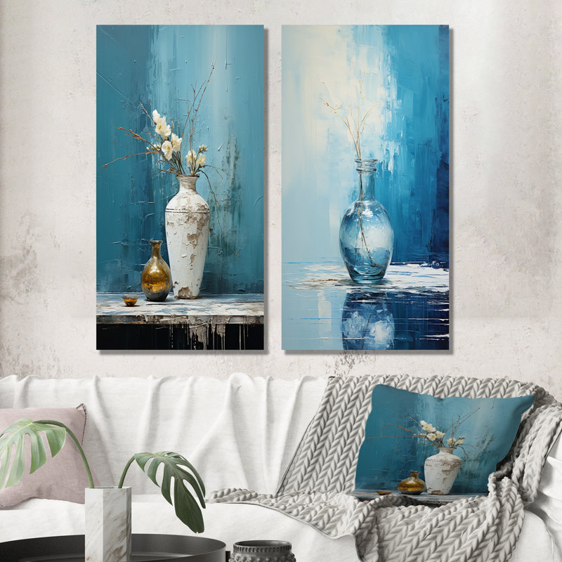 Ensemble de 2 décorations murales bleues et blanches Boho Pottery, H 28 po x l 24 po