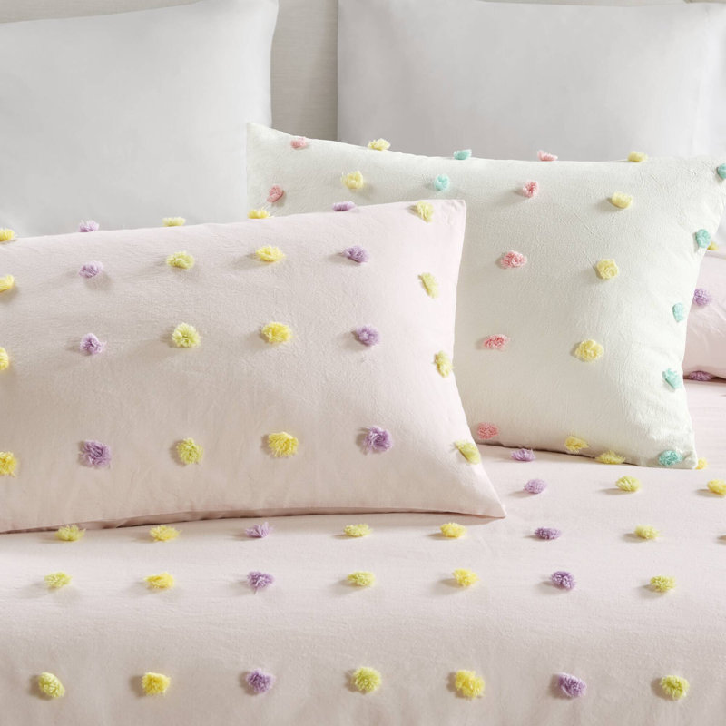Callie Pom 100% Cotton Jacquard 4-Piece Twin Quilt Set with Throw Pillows, Twin Quilt + 1 Shams + 2 Throw Pillows