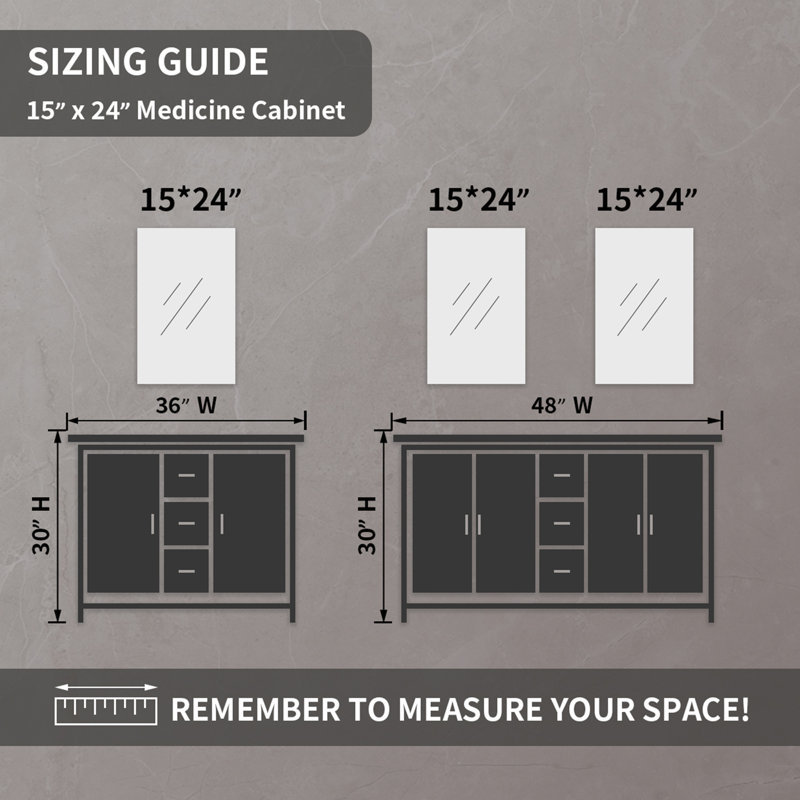 Armoire à pharmacie sans cadre 24 H x 15 avec porte miroir pour rangement mural encastré ou en surface, Argent