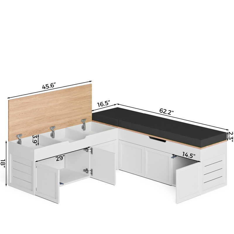 L-Shaped Corner Shoe Bench With Large Capacity Storage & Optional Cushions in Multiple Colours, White/Black