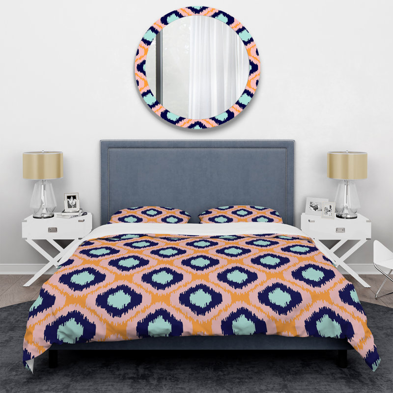 Blue Ikat Ogee - Ensemble de housse de couette abstrait - Microfibre de polyester