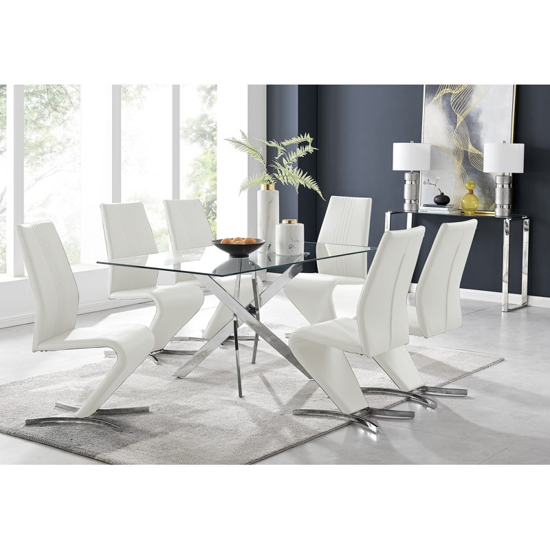 7-Piece Metal and Glass Dining Table Set with 6 Faux Leather Upholstered Chairs and Rectangular Table, White