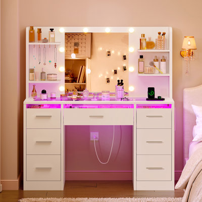 Camyla Makeup Vanity Table with LED Lighted Mirror, Power Outlet,7 Drawers,4 Shelves,5 Jewelry Hooks