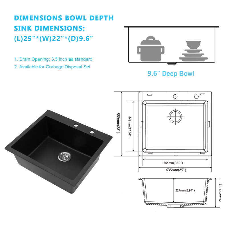 25''L x 22"W Quartz Drop-In Kitchen Sink, Granite Composite Single Bowl Kitchen Sink with Sink Grid, Strainer and Roll-up Rack