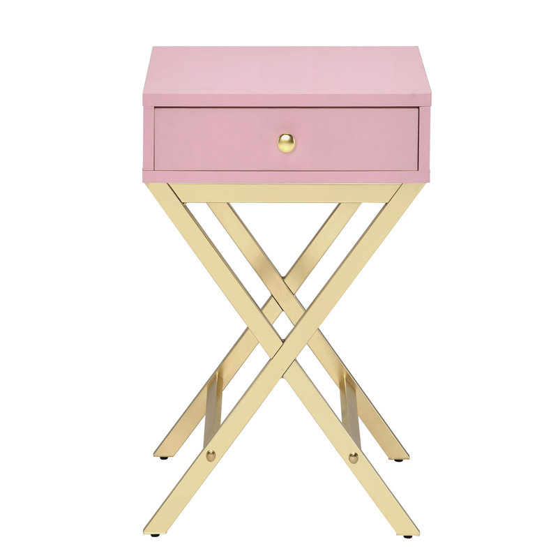 Table d'appoint rectangulaire avec un tiroir, rose et or, Rose