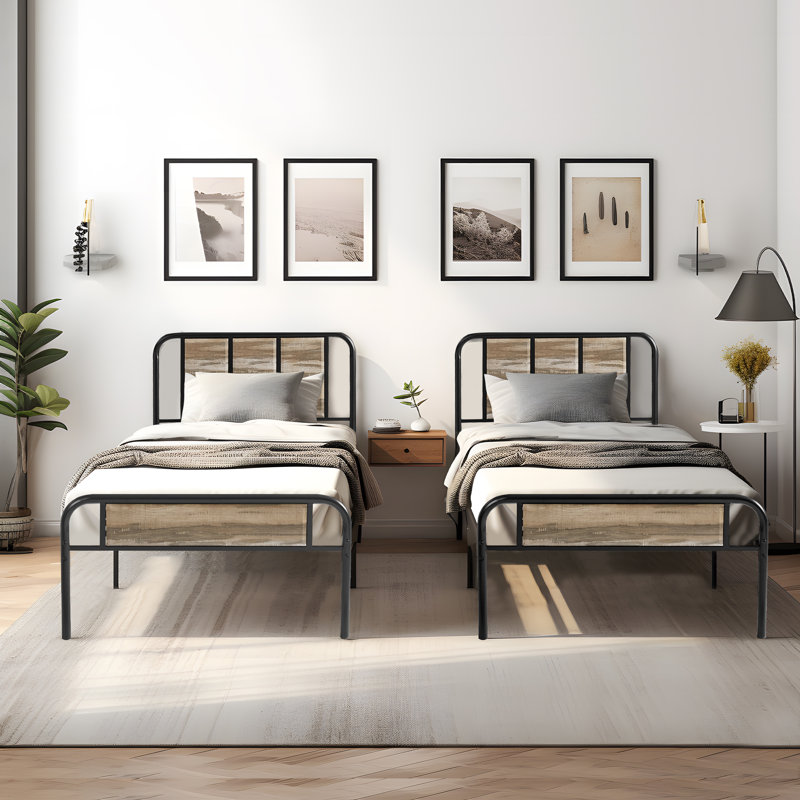 Ensemble de 2 cadres de lit simple Sabriya avec tête et pied de lit en bois, ensemble de 2 lits plateforme en métal avec support à lattes en acier robuste, aucun sommier nécessaire, parfait pour la chambre d'enfant, la chambre d'amis ou le dortoir