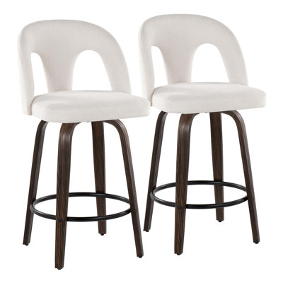 Fixed-Height Counter Stool With Swivel In Walnut Wood And Fabric With Rounded Metal Footrest - Set Of 2