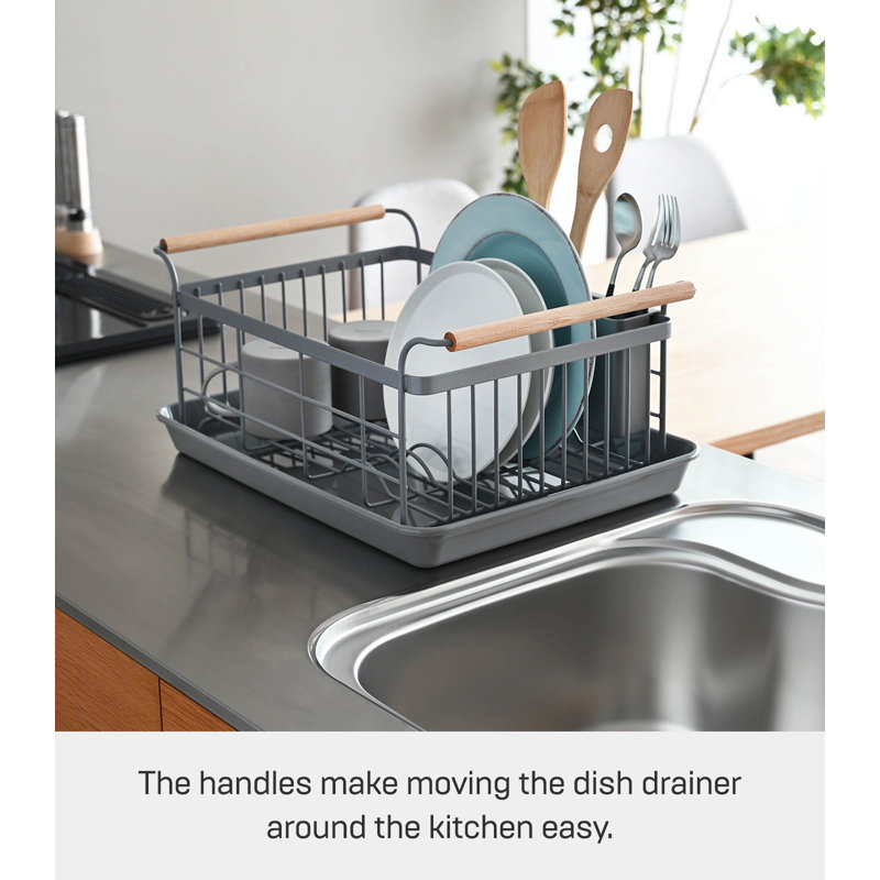 Gray Steel Dish Drainer Rack with Wood Handles and Utensil Cup