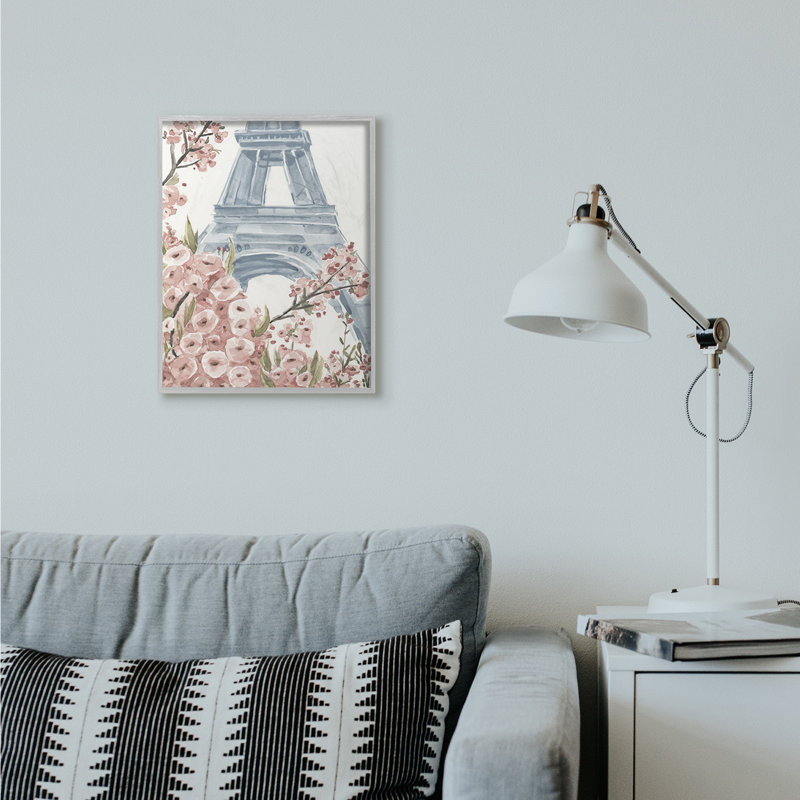 «Paris Flowers Eiffel Tower Pink Blue», reproduction d'art, H 16 po x l 20 po x P 1,5 po, Estampe numérique Farmhouse