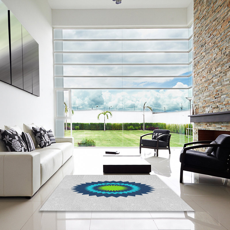 Tapis blanc/bleu/vert à tisser électrique, Carré 6 pi