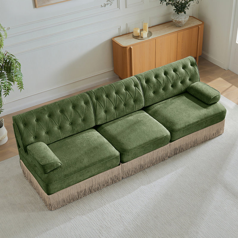 3-Seater High Quality Velvet Fabric,Cloud Modular Sectional,Tassel Skirt,Button Tufted Design,High-Density High Resilience Foam,Easy To Assemble,Premium Wooden Base,For Living Room Study,Green