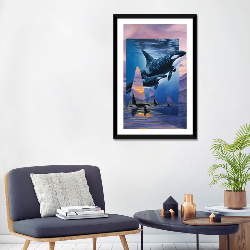 Orca Song par Graeme Stevenson - reproduction d'art, H 32 po x l 24 po x P 1 po, Papier encadré noir, Blanc
