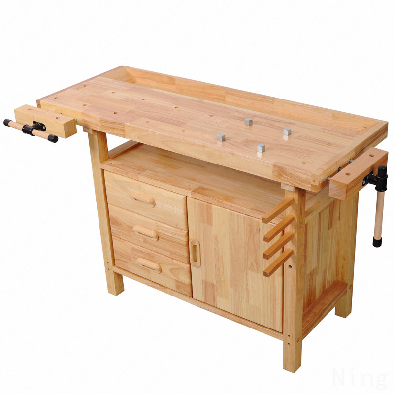 50" Professional Rubberwood Solid Wood Workbench-3 Drawers, 1 Cabinet Door & Open Shelf, Natural Finish For Garage, Woodworking Carpenter Workshop & Home Use