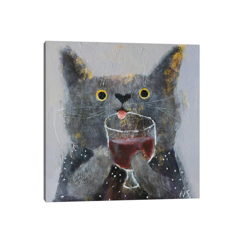 The Cat With Glass Of Wine by Natalia Shaloshvili - Painting on Canvas, Wrapped Canvas, 93.98cm H x 93.98cm W x 3.81cm D
