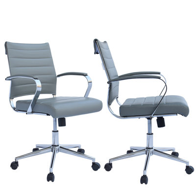 Eichorn Mid-Back Ribbed Ergonomic Conference Chair – Faux Leather Upholstered with Chrome Base and Armrests