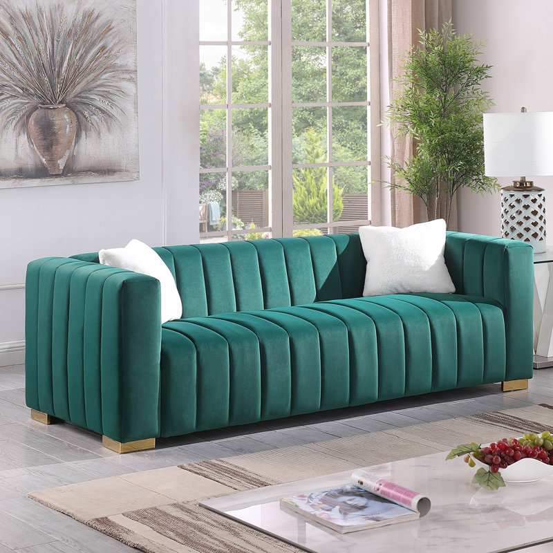 Canapé en velours de luxe 87 po avec 2 coussins Clifford, Doré, Vert