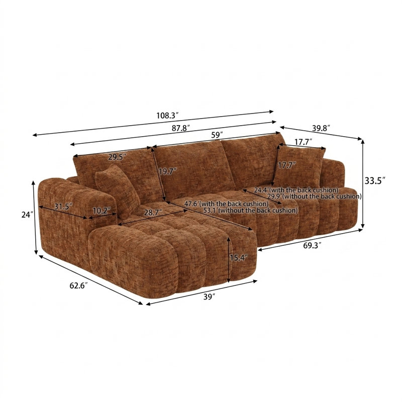 Canapé Boneless, canapé modulaire en L Chenille, Orange, Left Hand Facing