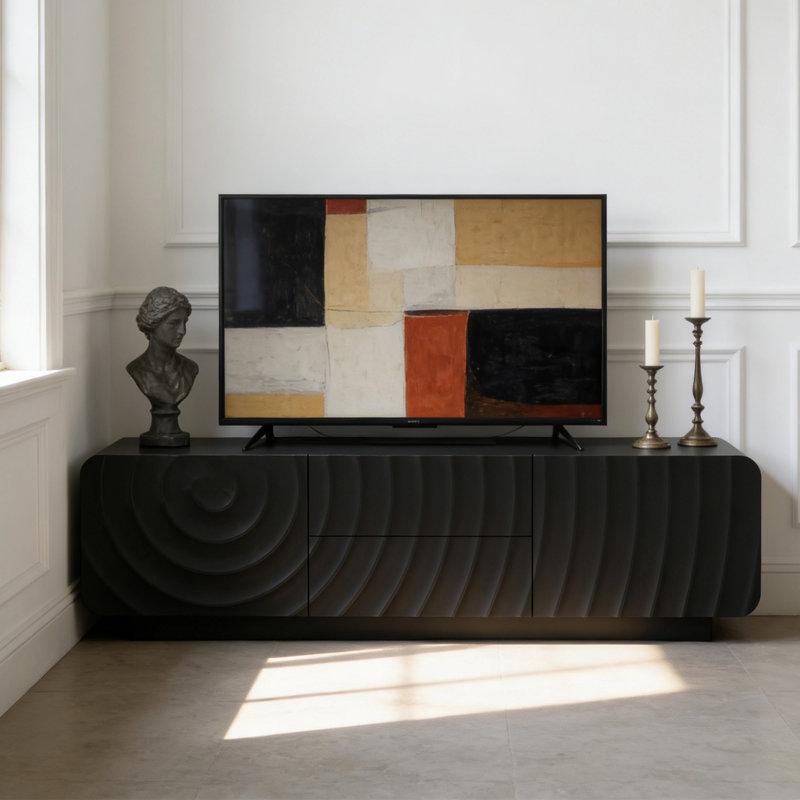 58'' Mid-Century Modern Fluted Wave TV Stand with 2 Drawers & Storage Cabinet，Rounded Corners Media Console, Black, 58" L