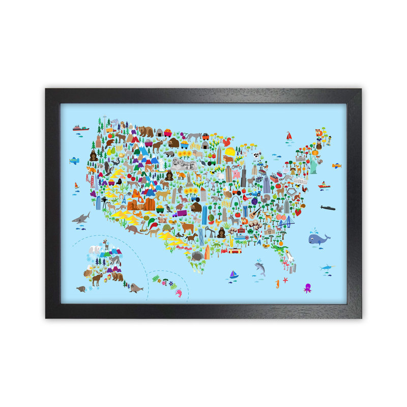 Animal Map Of United States by Michael Tompsett - Print, Black Framed, 25cm H x 34cm W x 3cm D