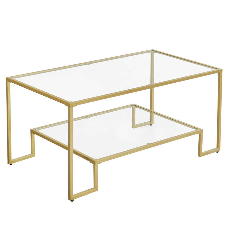 Nancy 39.4" W Rectangle Glass Top Coffee Table with Storage, Golden