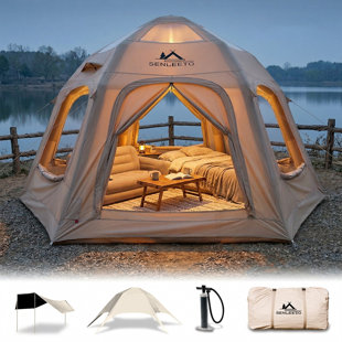 Tentes de camping gonflables pour 8 à 10 personnes, grande tente de camping gonflable de 129 pieds carrés avec cric, tente gonflable avec fenêtres en filet et pompe (Ensemble de 20)