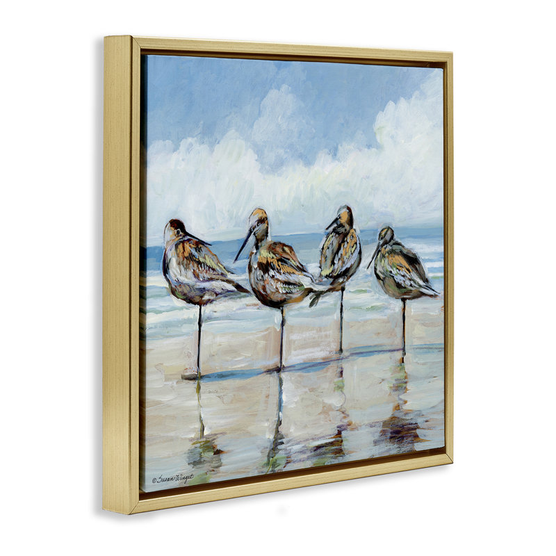Cadre flottant Sandpipers Balancing On Beach, design par Susan Winget, H 25 po x l 25 po, Cadre flottant métallique doré