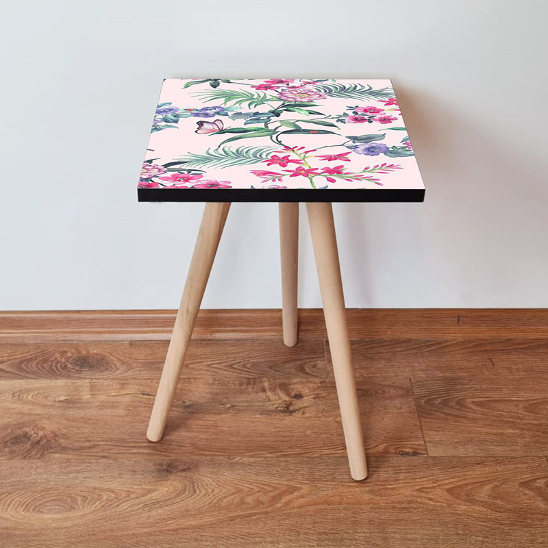 Table d'appoint moderne avec pieds en bois de hêtre, 13,8 x 16,5 x 13,8 pouces | Fabrication 100% bois aggloméré, épaisseur: 0,7 po | Design floral élégant, parfait pour le salon et la chambre à coucher, durable et élégant
