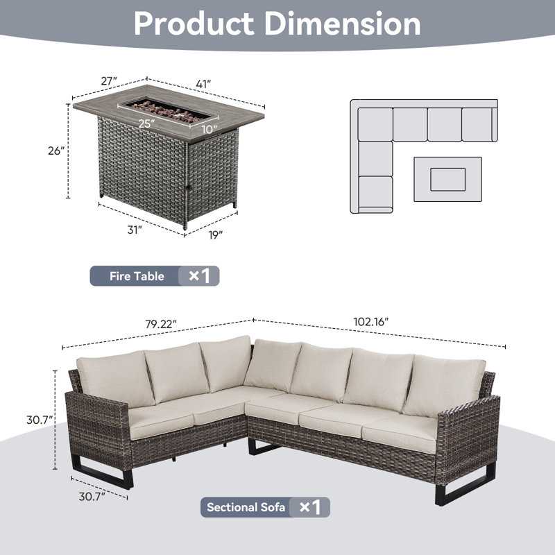 Ingvald 6- Person Outdoor PE Wicker Sectional Seating Group with Fire Pit Table and Cushions, Beige, Gray