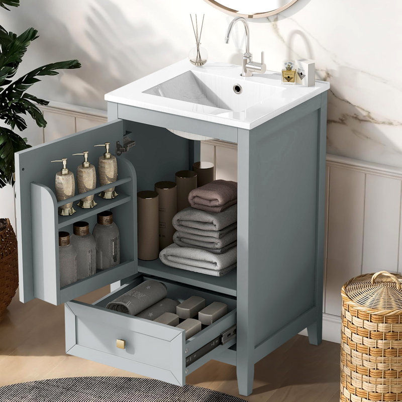 Meuble-lavabo de salle de bain avec lavabo, armoire de salle de bain avec porte, support de rangement et tiroir, Gris / Blanc