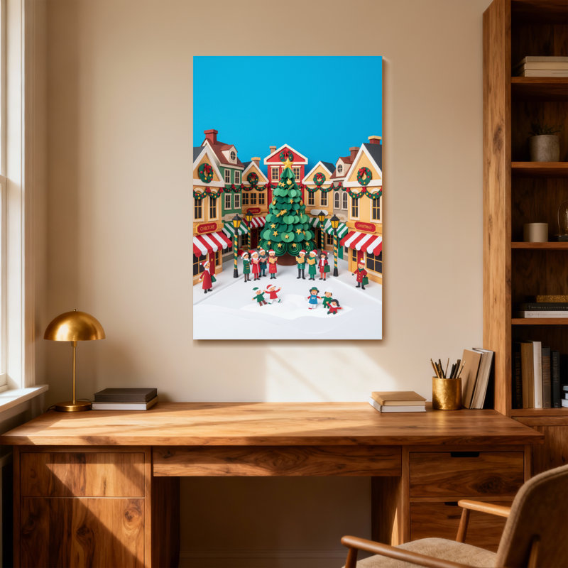 Scène de village de Noël avec un arbre et des gens, H 36 po x l 24 po