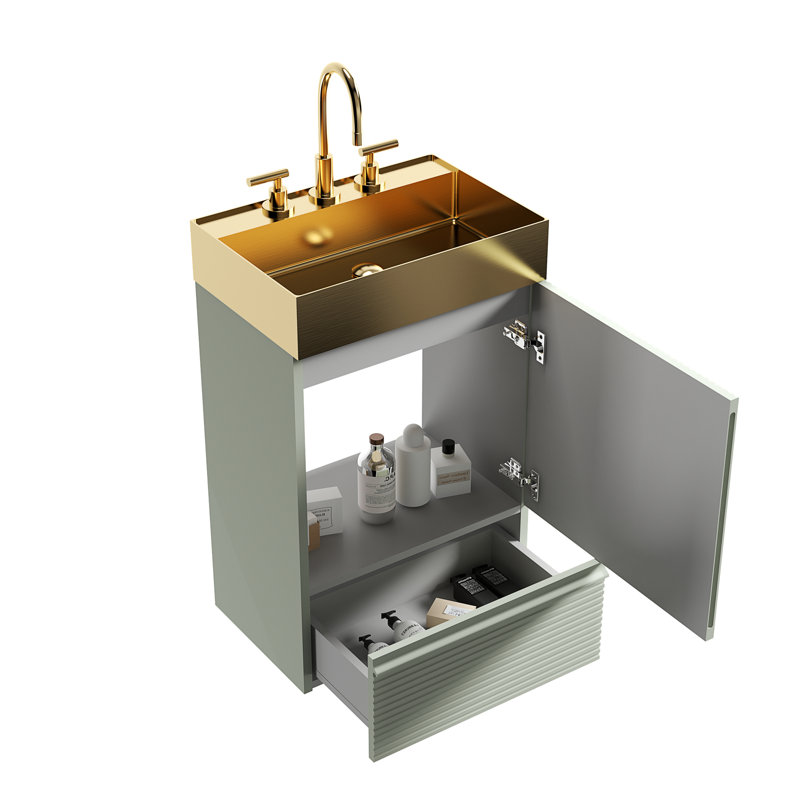 Meuble-lavabo rayé vert clair 20 po avec lavabo intégré en métal brossé doré Gada, Vert clair