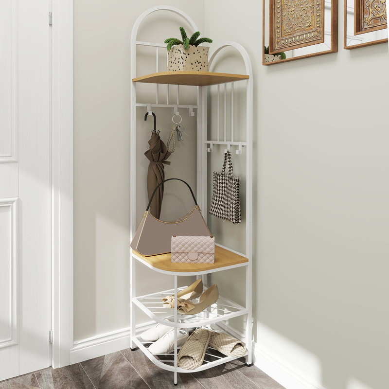 4-Tier Corner Hall Tree with Bench, 2-Tier Shoe Rack & 6 Hooks, White/Natural