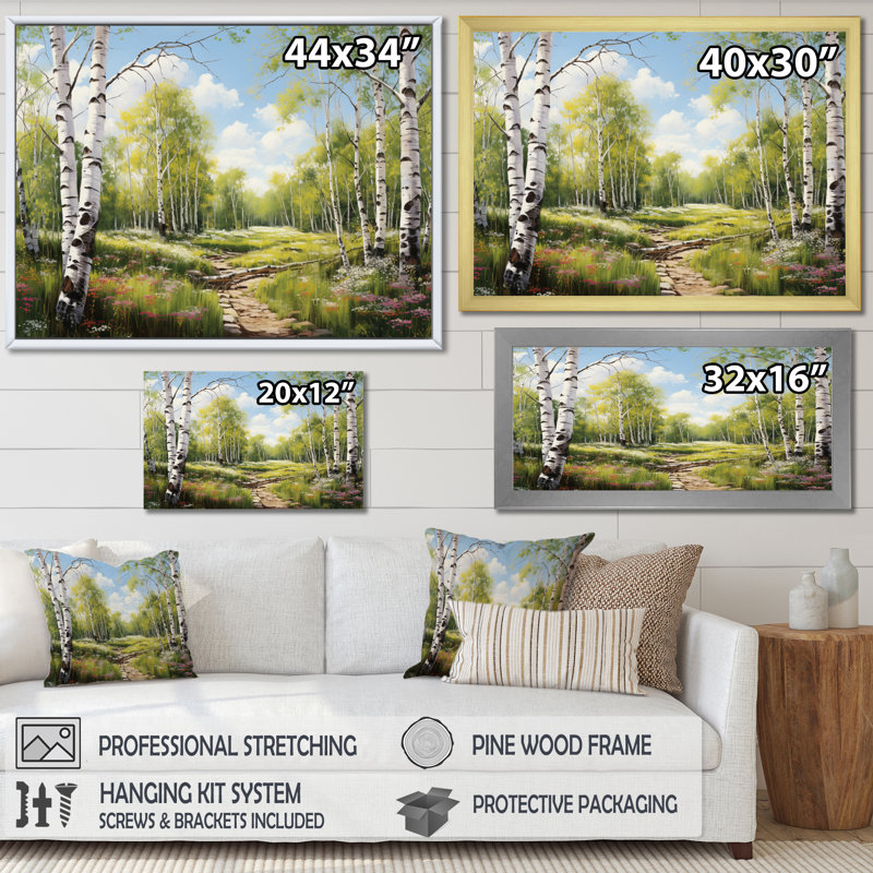 «Birch Woods Spring Awakening III», art mural sur toile de bouleau, H 34 po x l 44 po x P 1,5 po, Encadrement doré
