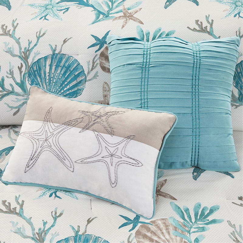 Édredon 7 pièces pour grand lit - thème côtier avec coquillages imprimés et coussins décoratifs étoile de mer, coraux éclatants