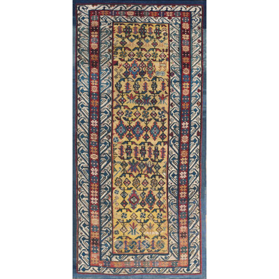 Small Tribal Geometric Antique Yellow Gold Color Caucasian Seychour Wool Pile Rug