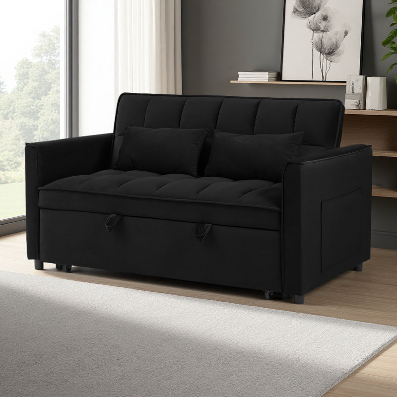 Canapé-lit convertible 3-en-1, canapé-lit futon double en velours avec dossier réglable, sac de rangement et coussin, Noir